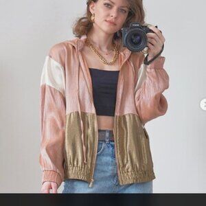 Haute Monde Jacket Pink Metallic Full Zip Hooded Color Block Womens Size Small